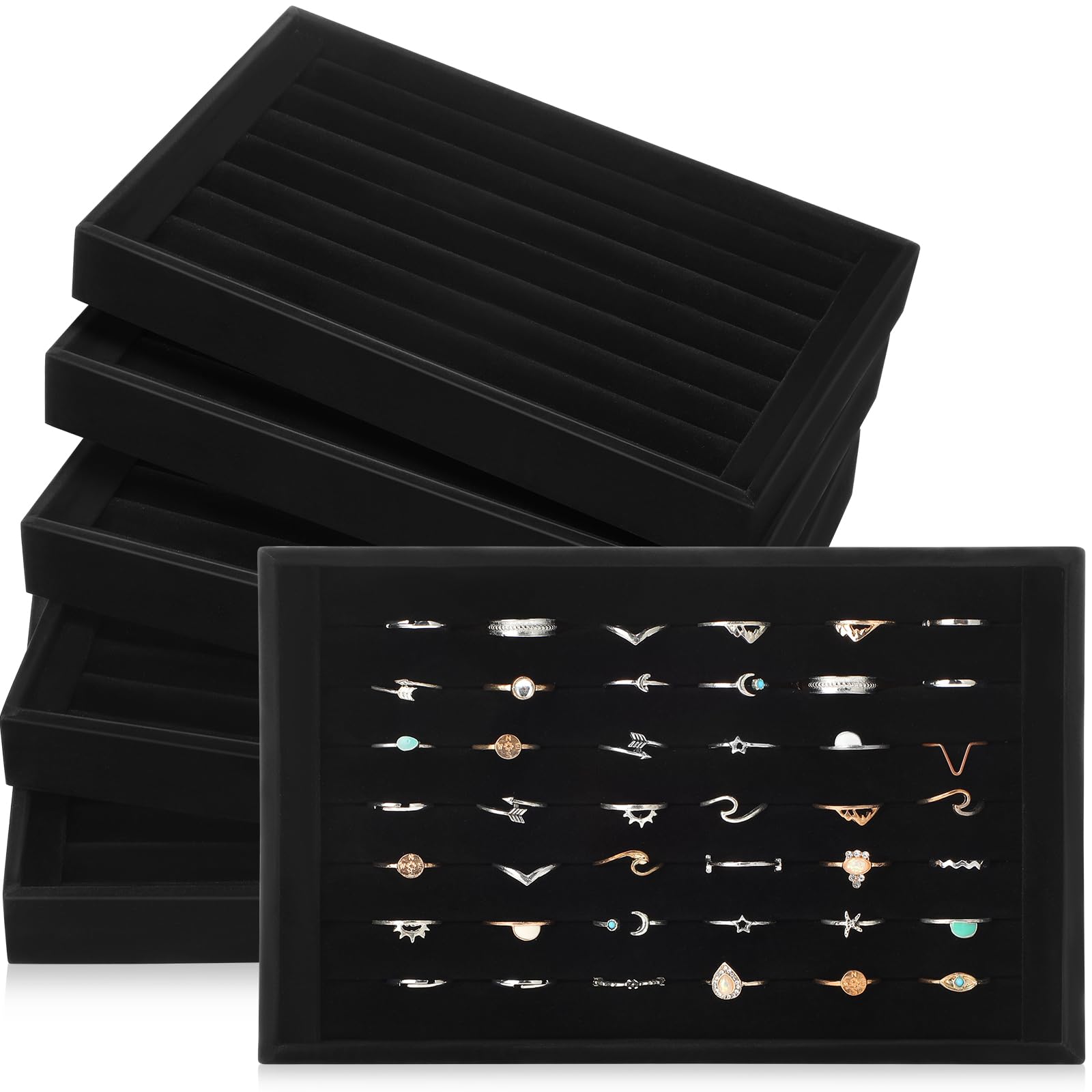 Photo 1 of (USED/FAIR) JaGely 6 Pcs Jewelry Ring Tray 7 Slots Ring Organizer Stackable Holder for Jewelry Display Drawer Insert for Dresser Earring(Black)
