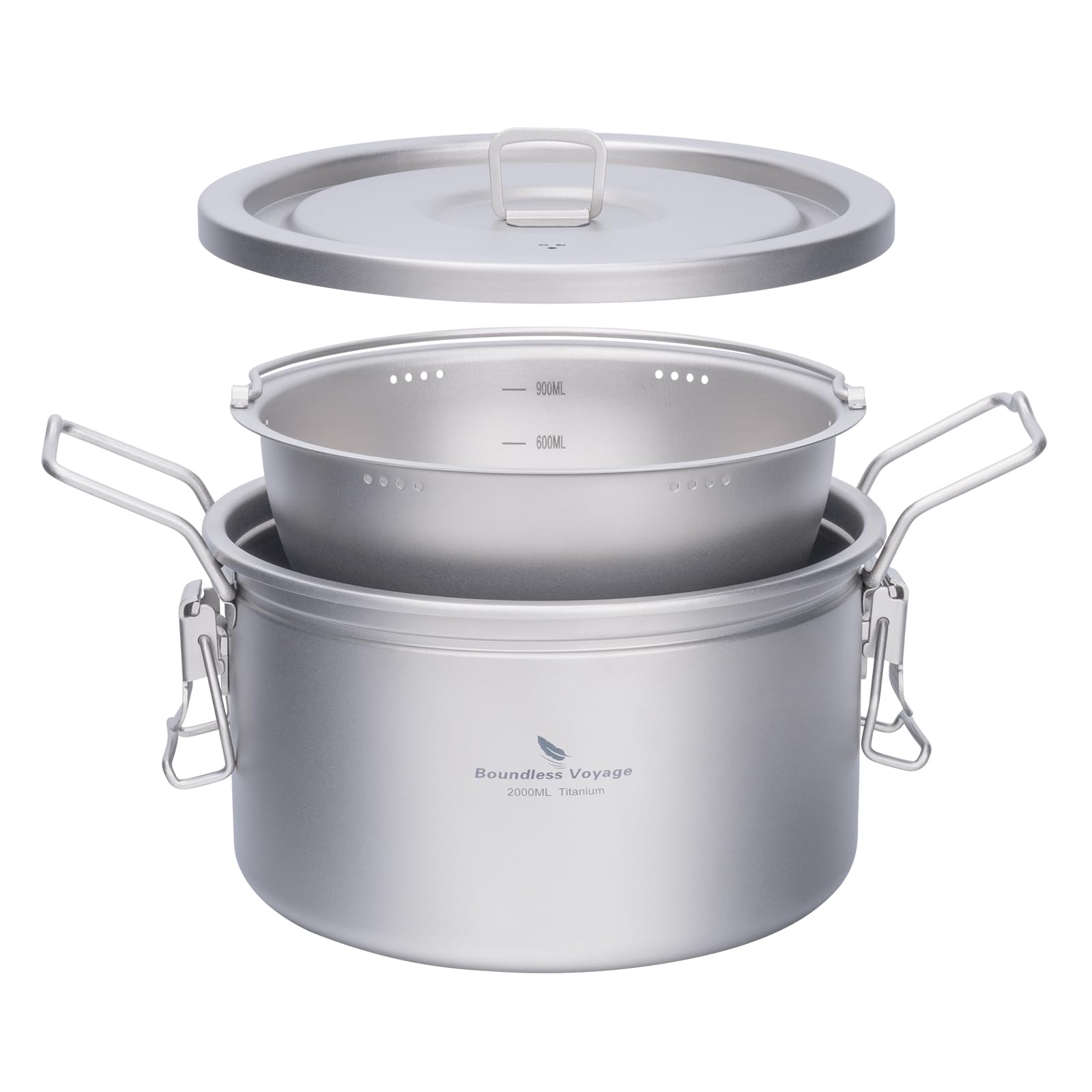 iBasingo 2L Titanium Camping Pot with Lid Camping Cookware Portable Kitchen Rice Soup Cooking Mess Kit Indoor Outdoor Stockpot Ultralight Multifunctional Cooker Ti2087C