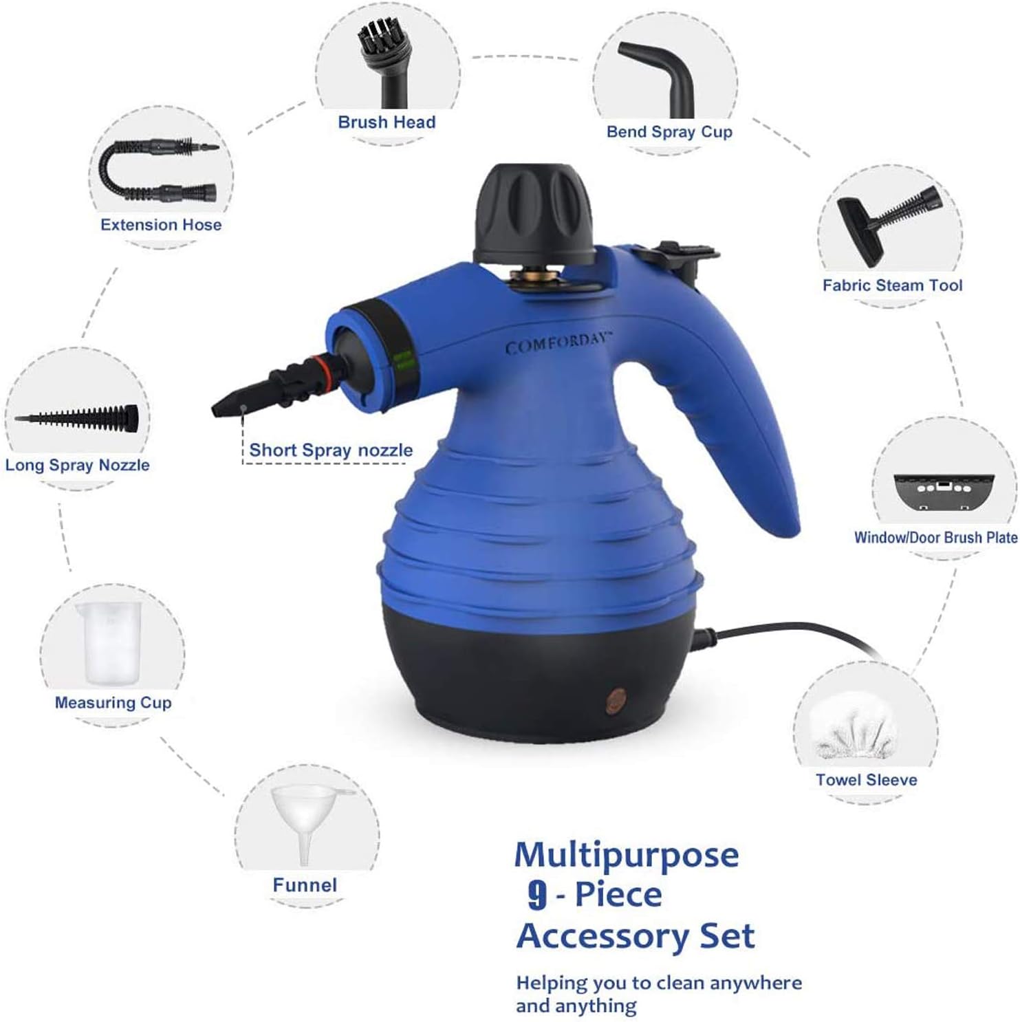 Comforday Multi-Purpose Handheld Steam Cleaner 9-Piece Accessories for Multi-Surface Stain Removal,Perfect for Stain Removal Curtains - Image 3