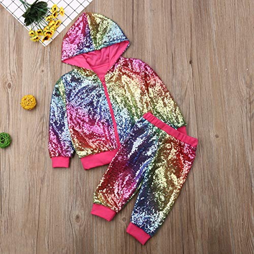Baby Boy Girls Sequin Outfits Long Sleeve Hooded Zip Sweatshirt Top Pants Set, Toddler Girl Fall Clothes 1-6Y (Rainbow Hooded Top Pants, 2-3 Years) - Thumbnail 4