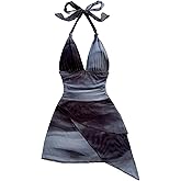 SOLY HUX Women's Sexy Tie Dye Print Halter V Neck Mini Dress Retro Backless Fitted Bodycon Dresses