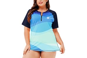 AOBUTE Women Plus Size Rash Guard Zipper Short Sleeve SPF Swim Shirts