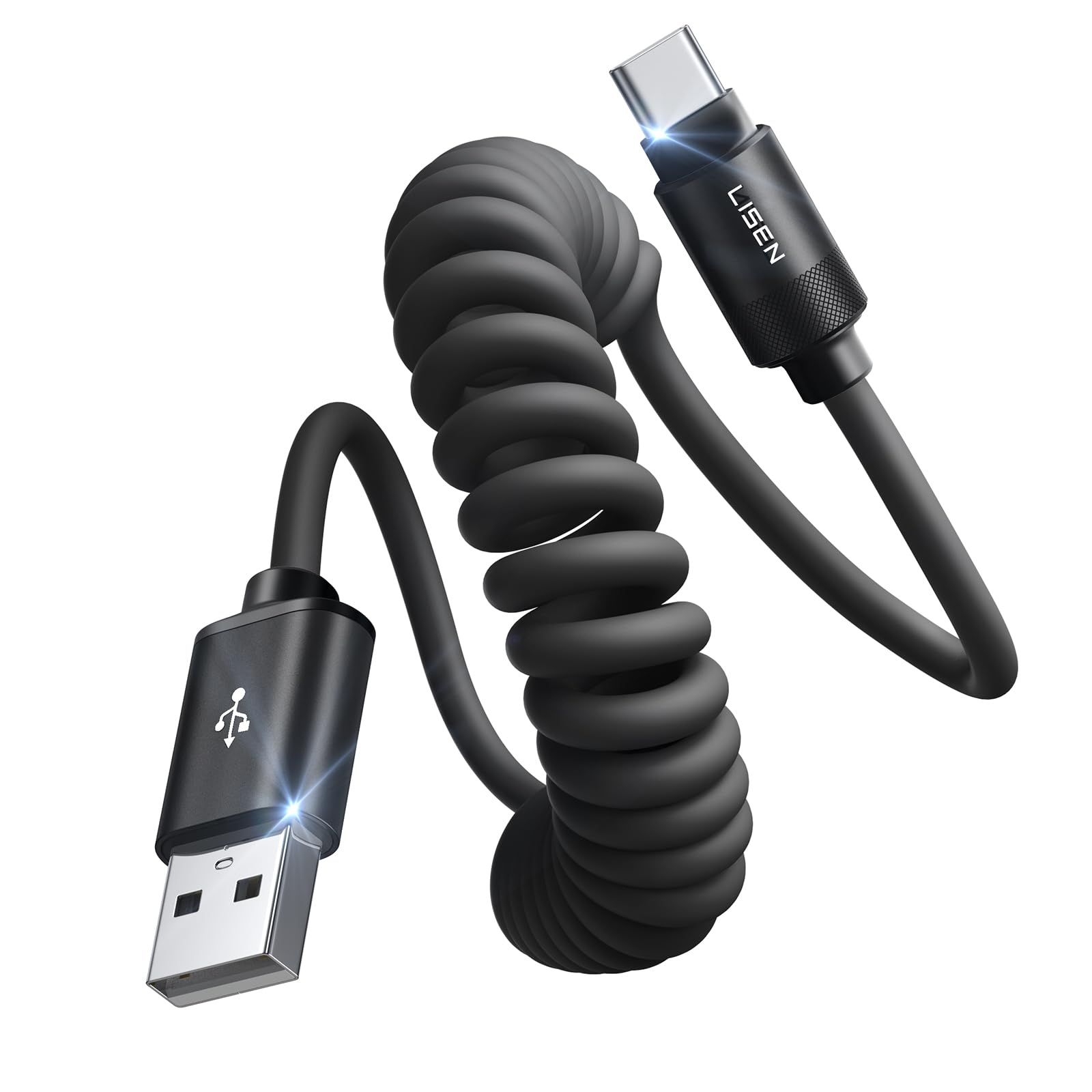 Photo 1 of **ONLY 1 CABLE MISSING 2ND CABLE** LISEN Coiled USB C Cable, 2 Pack for Android Auto & CarPlay Cable, 4FT Short USB A to USB C Cable Compatible with iPhone 16/15, Samsung Galaxy S25/S24/S23 A15/A14, Google Pixel 9/8, Moto, TCL-Black