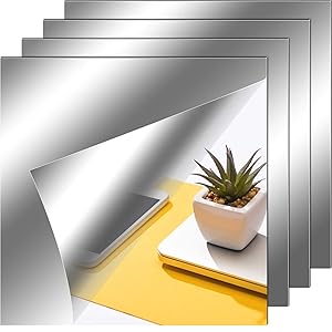 Flexible Mirror Sheets Self Adhesive Non Glass Mirror Tiles Mirror Stickers for Home Wall Decor (4, 12 x 12 Inches)