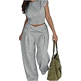 SOLY HUX Women's Summer 2 Piece Outfits Casual Cap Sleeve Crop Tops and Sweatpants Set