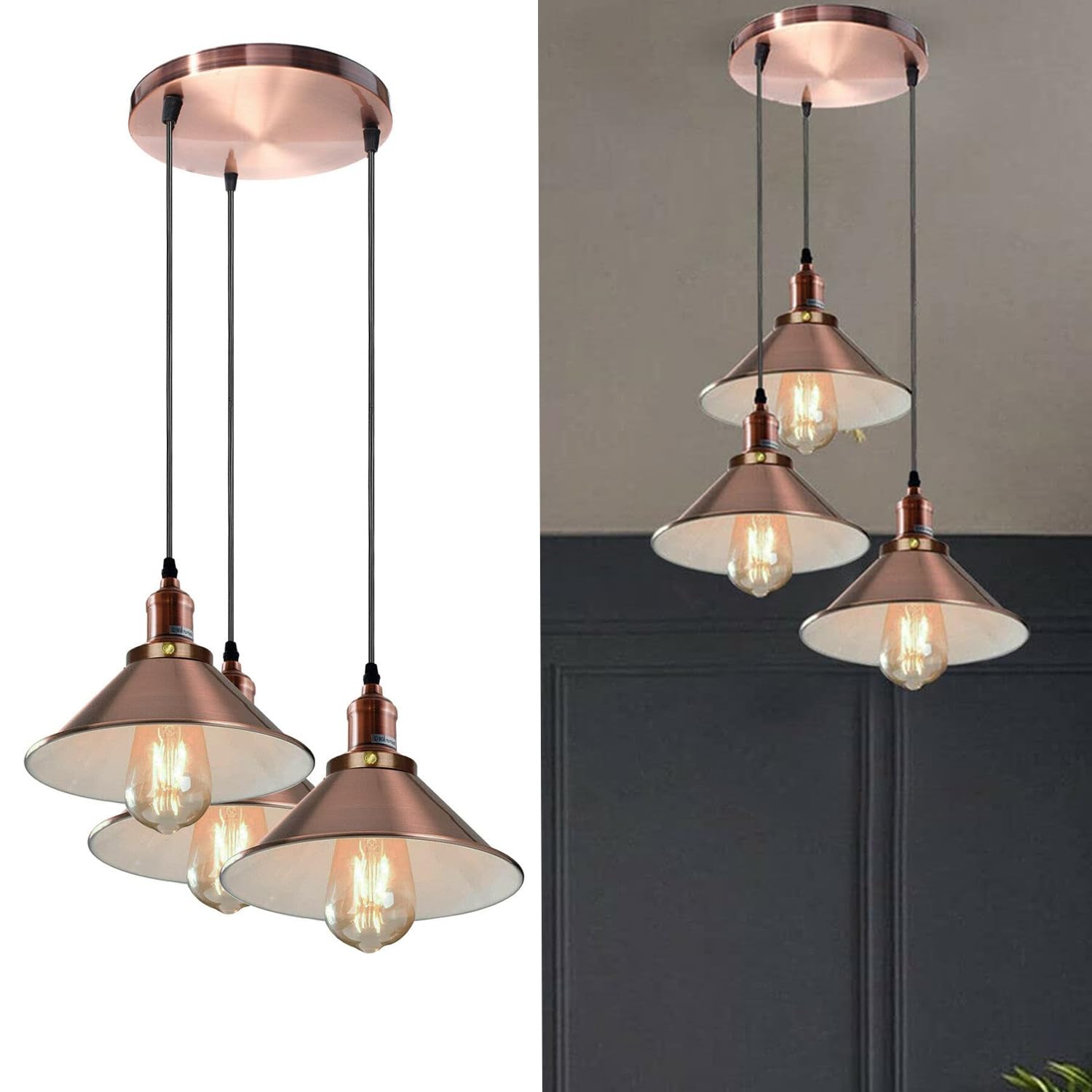 LEDSone Industrial Pendant Lamp Shapes Vintage Bulb 3 Head Edison Style Metal Pendant Light Shades for E27 Ceiling Lights Hanging Light Fixture Chandelier for Kitchen Dining Room