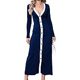 Women's Long Sleeve Ribbed Knit Bodycon Sweater V-Neck Button Down Color Blocked Casual Midi Party Dress