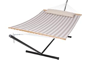 SUNCREAT Double Hammock with Stand Included, Outdoor Portable Hammock with Stand, Light Gray Stripes