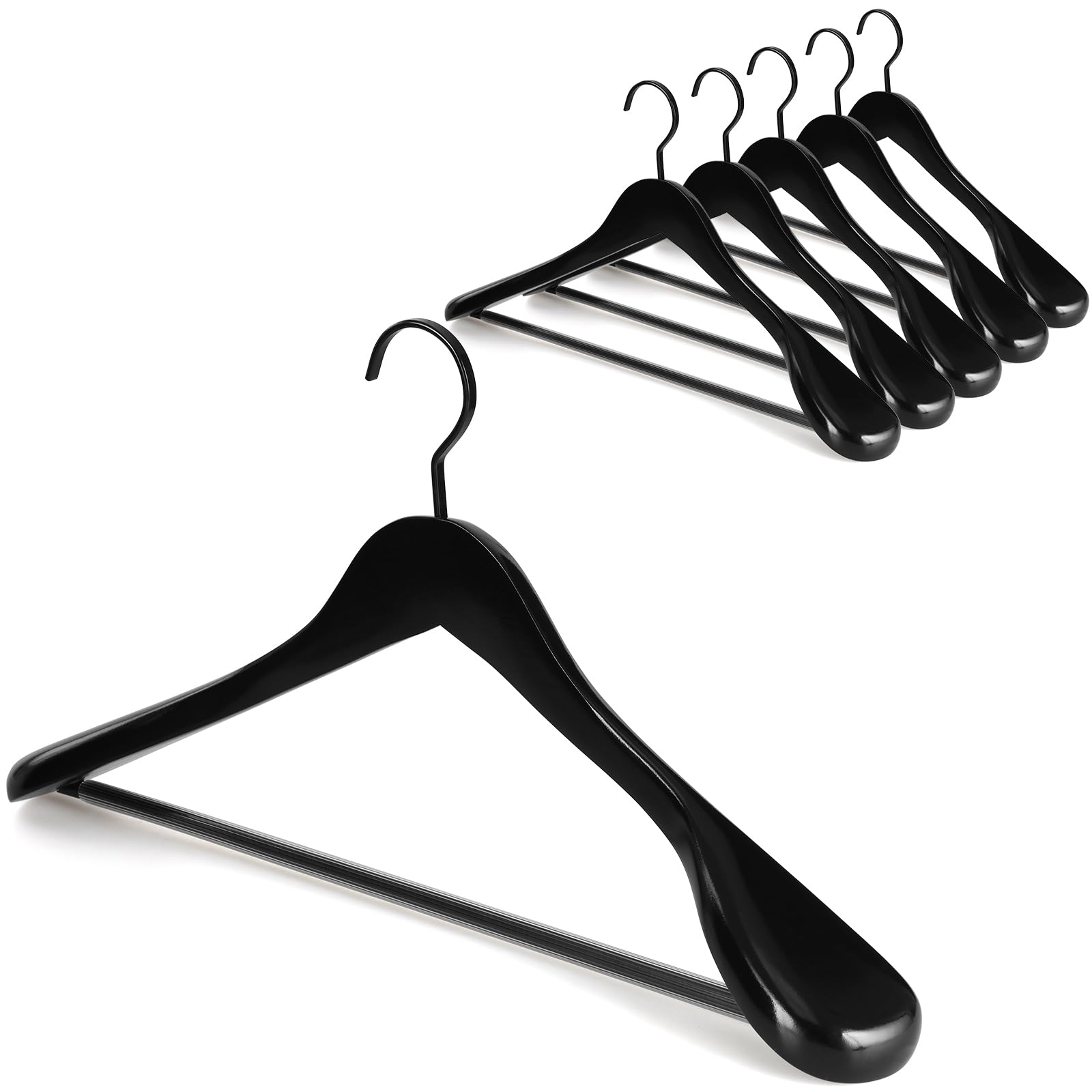 Photo 1 of TOPIA HANGER Black Wooden Coat Hanger 6 Pack, Wide Shoulder Wood Suit Hangers with Extra-Thick Flat Hooks & Anti-Slip Pants Bar, Heavy Duty Clothes Hangers,Glossy Finish, Black-CT02H