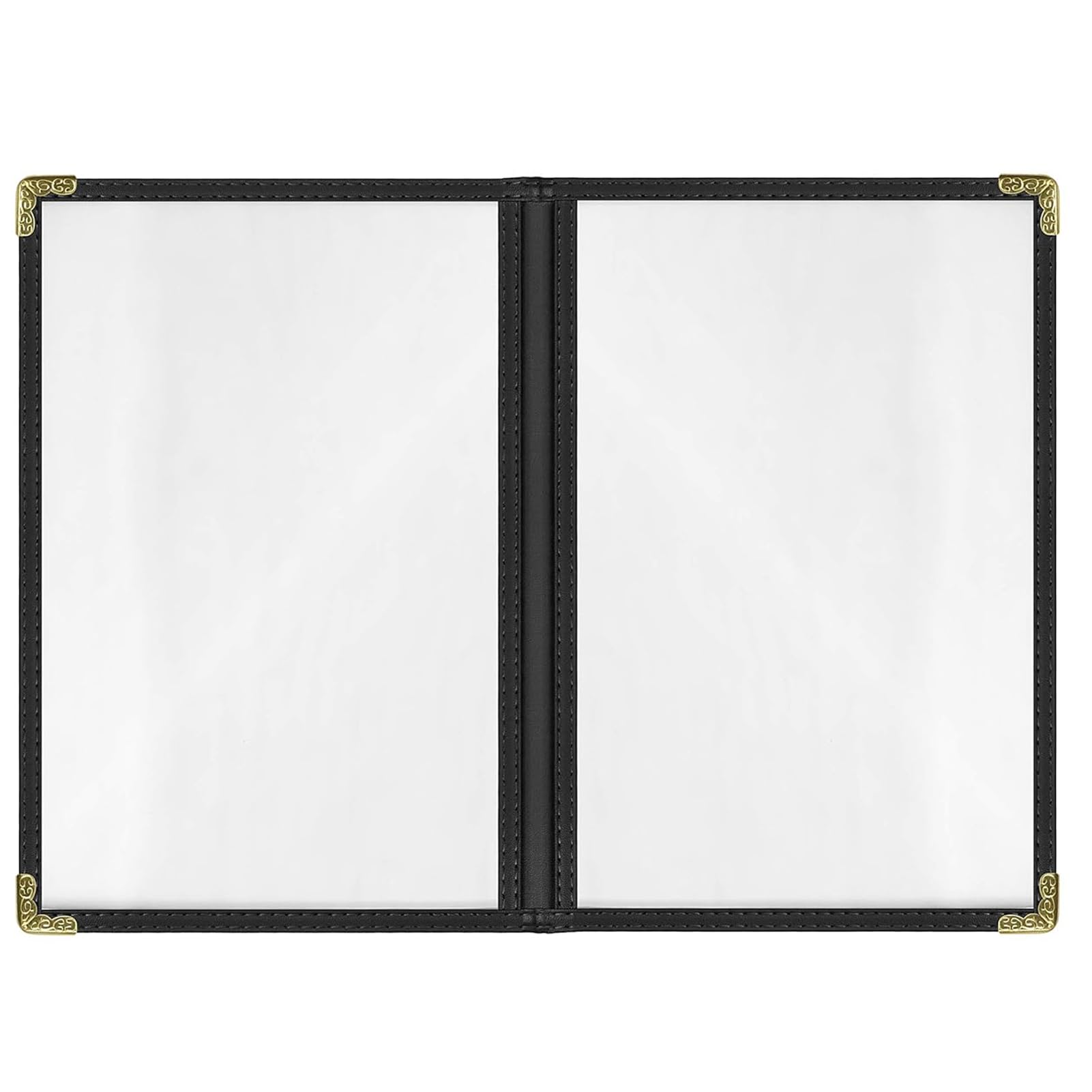 Photo 1 of 25 Pack Menu Covers 5.5" x 8.5" - Black 2-Page (4-View) Side-Loading Vinyl Double-Stitched Edge, Covers with Clear Sleeves & Metal Corners for Restaurants, Cafes & Diners