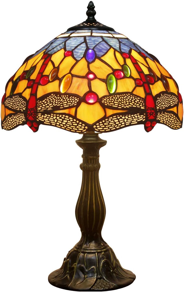 WERFACTORY Tiffany Lamp Stained Glass Bedside Table Lamp Orange Blue Dragonfly Style Reading Desk Light 12X12X18 Inches Decor Bedroom Living Room Home Office S168 Series