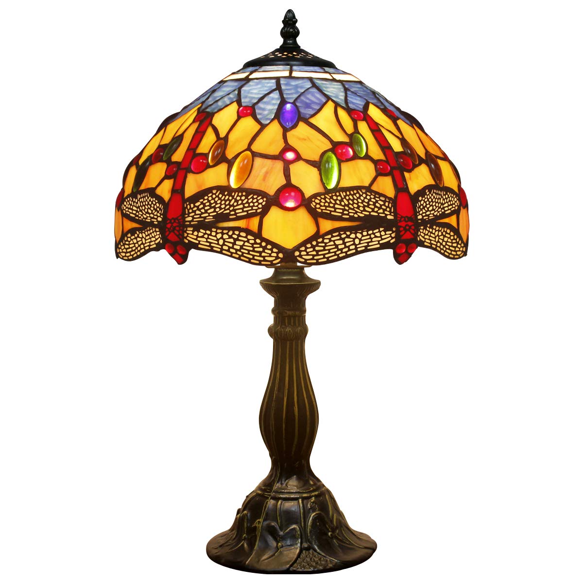WERFACTORY Tiffany Lamp Stained Glass Bedside Table Lamp Orange Blue Dragonfly Style Reading Desk Light 12X12X18 Inches Decor Bedroom Living Room Home Office S168 Series