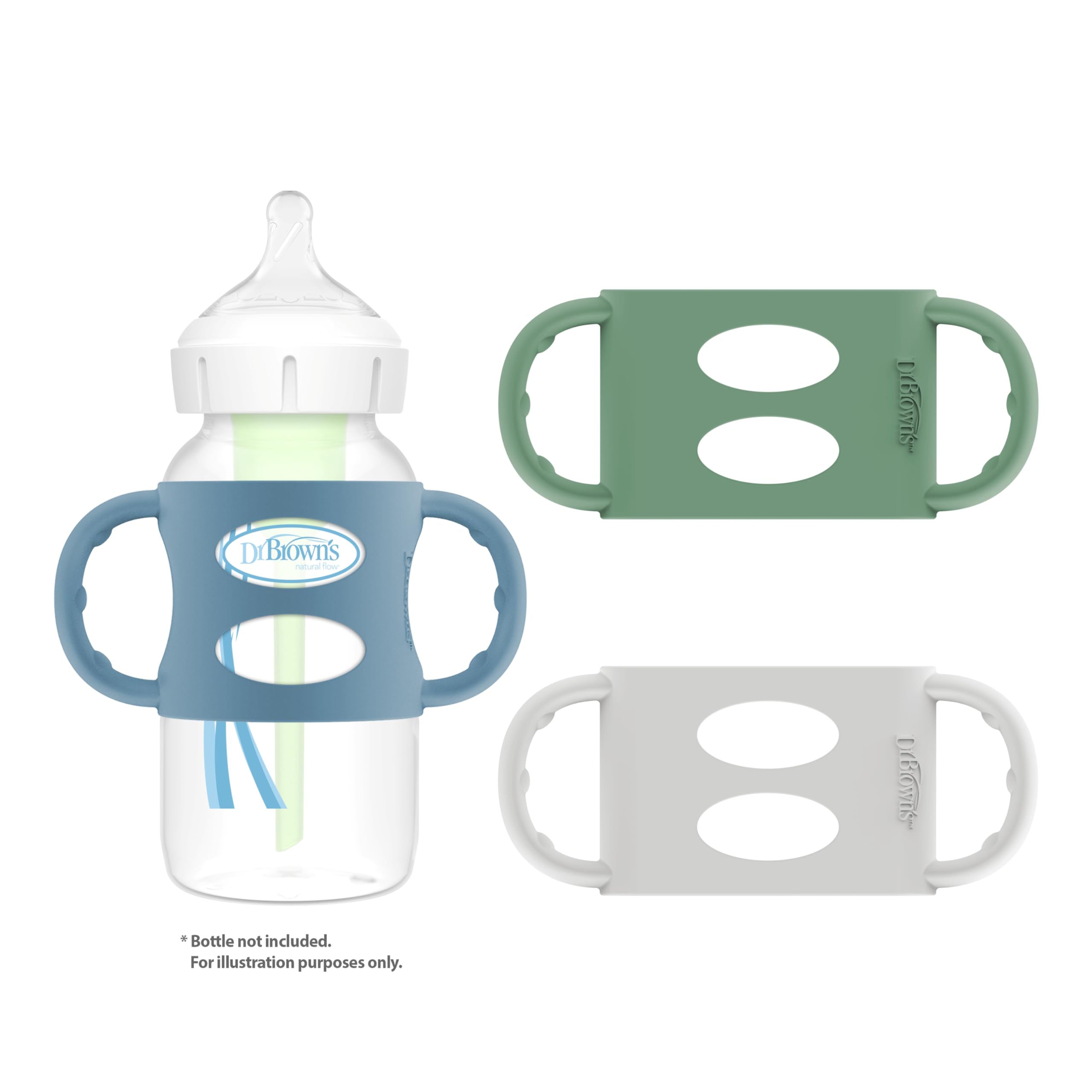 Dr. Brown's Wide-Neck Baby Bottle Handles, 100% Silicone, Easy Grip Removable Handles for Bottle to Sippy Cup Transition, Blue/Gray/Green, 3-Pack, 4m+