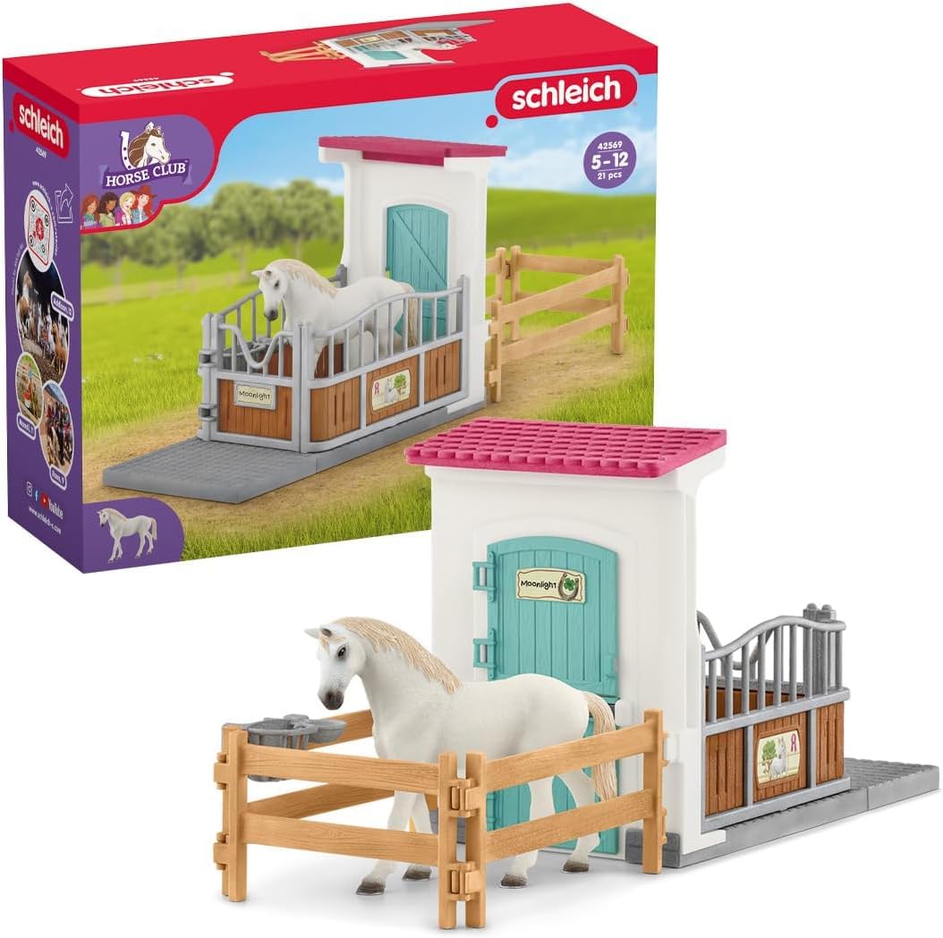 SCHLEICH Horse Club - 21PC Stall Extension Horse Toy Playset with White Mare Figure and Accessories - Stable Set for Girls and Boys - Interactive, Realistic Kids Toys Ages 5+ - 42569