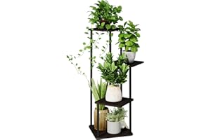 GENTINGBRO 4 Tiered Plant Stand Indoor Corner Plant Shelf for Multiple Plants for Patio Garden Balcony Living Room Bedroom, Tall Metal Flower Pots Stand Relaxing for Women Gift Black Oak