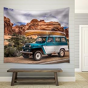 Vehicle Driving Through The Grand Canyon - Fabric Wall Tapestry Home Decor - 51x60 inches