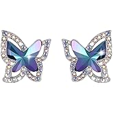 GEMMANCE Valentine's Day Gift For Women Butterfly Crystal Stud Earrings with Premium Birthstone, Silver-Tone