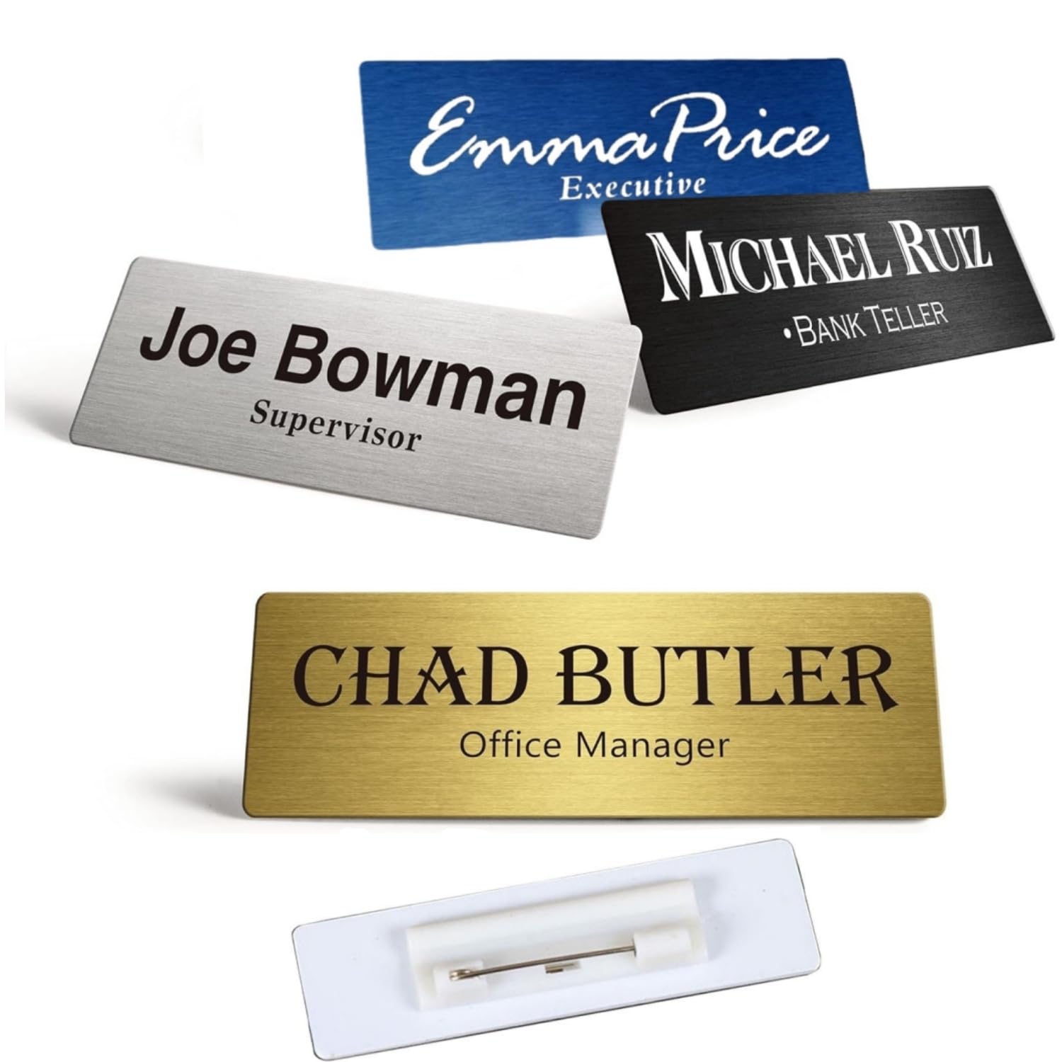 Creatorally 20 Packs Blank Name Badge, Stainless Steel ID Badges, Can Laser Engrave DIY for Names Frame Office Business School Tag, Glossy(with Pin-5 Colors)