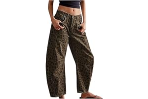 Barrel Jeans Women Mid Rise Vintage Baggy Leopard Print Cropped Jeans Wide Leg Denim Ankle Pants Boyfriend Jeans