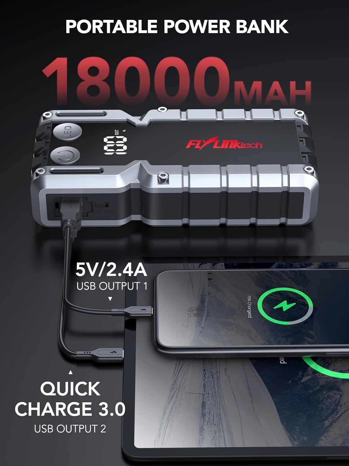 FLYLINKTECH 5000A Car Battery Jump Starter(Up to 9.0L Gas or 8.0L), Portable Car Jump Starter Battery Pack, 12V Jump Box with Safety Jumper Cables, Fast Charge 3.0, Lights, LCD Display