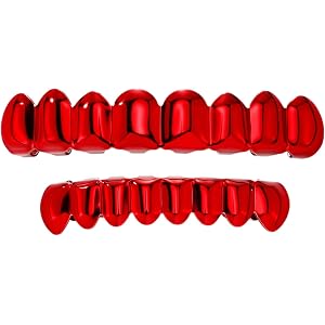 Hip-Hop Style Red Teeth Grillz Set, Red-Plated Finish, Detachable, Unisex Fashion Jewelry Gift