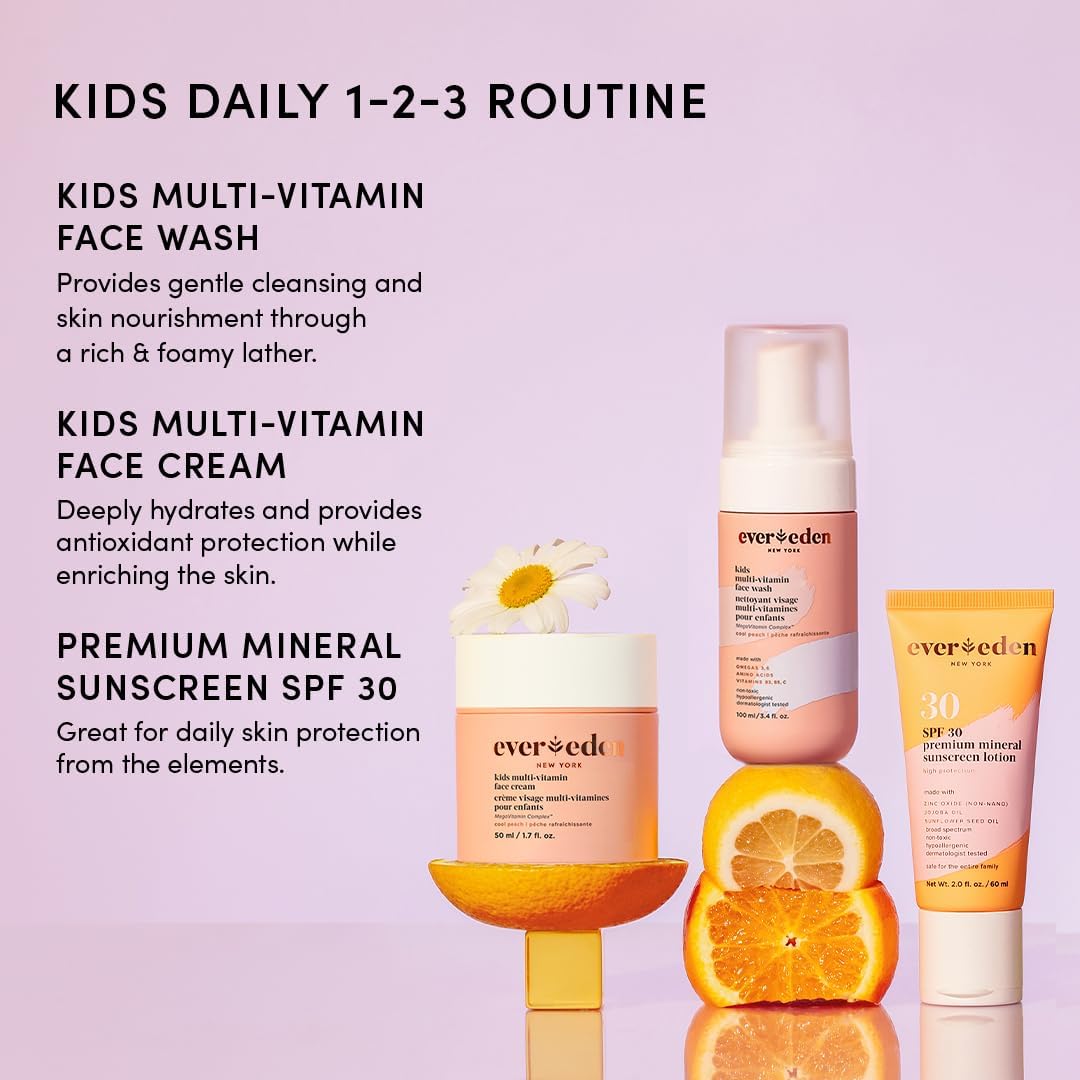 Evereden Kids Skincare Bundle: 1-2-3 Routine with Multi-Vitamin Peach Face Wash, Cream, SPF 30 & Spa Headband – Gentle, Nourishing Skincare & Fun Hair Management for Kids – Perfect for Daily Care