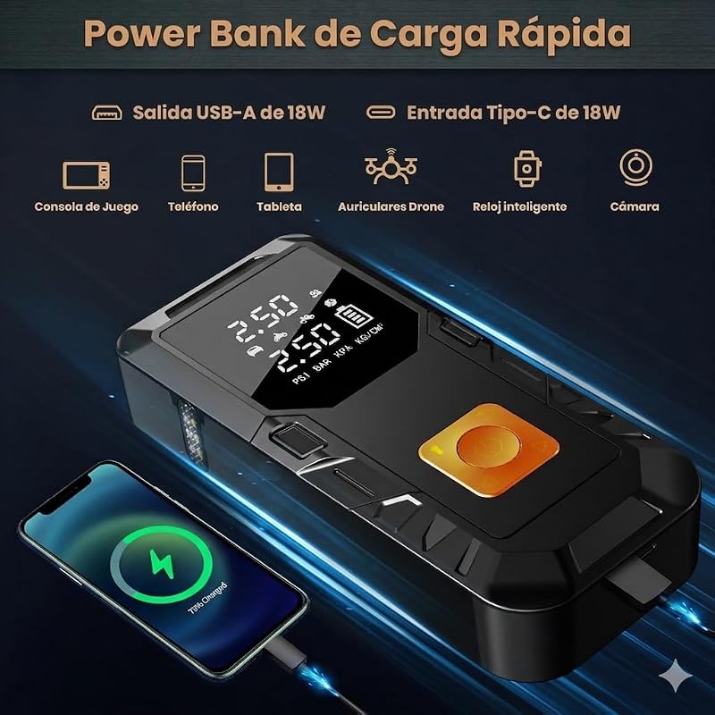 Arrancador de Baterías Coche 12V (Gasolina/Diésel) con 12000mAh Compresor Aire Portátil 150PSI, Power Bank 18W Carga Rápida, Inflador Neumáticos Coche con Linterna LED para Moto Pelotas