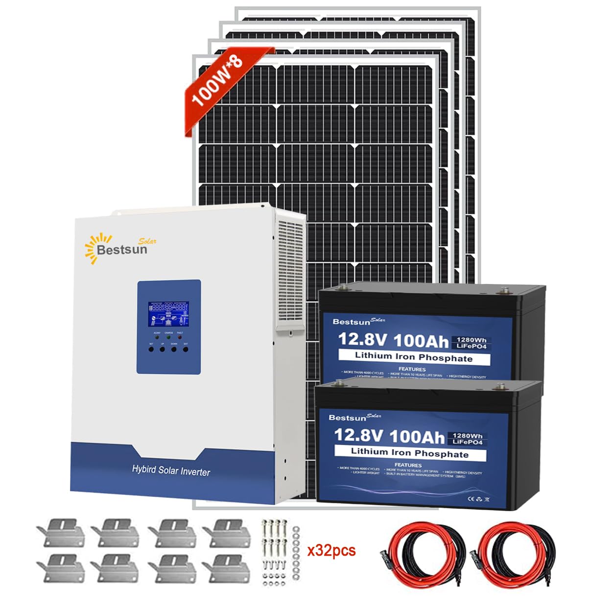 BPS-3000W Solar Power System Complete Kit for Residential-800W Solar Panels Kit, 25.6V 100Ah LiFePO4 Powerwall Storage, and 3KVA 120V Hybrid Inverter with Grid Switching Solar for RV (BPS-3000VA)