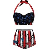 Jndtueit Butterfly Women's Retro Ruched Ruffle High Waist Bikini Set, Flag Tankini Swimsuits Tummy Control Swimwear
