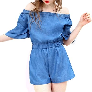 off the shoulder denim playsuit