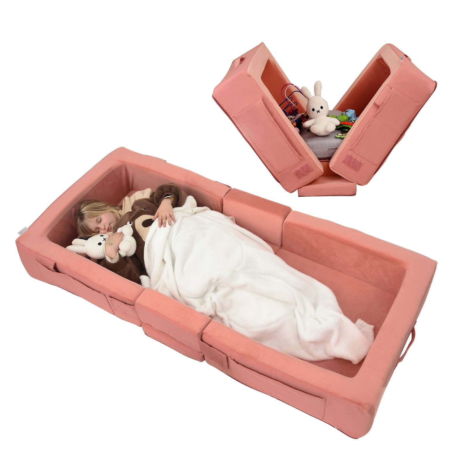 Photo 1 of ENITYA Toddler Travel Bed, Folding Floor Cot for Travel, Portable Kids Bed for Sleeping, Washable Toddler Cot for Children 18M – 4yr Old, Pink