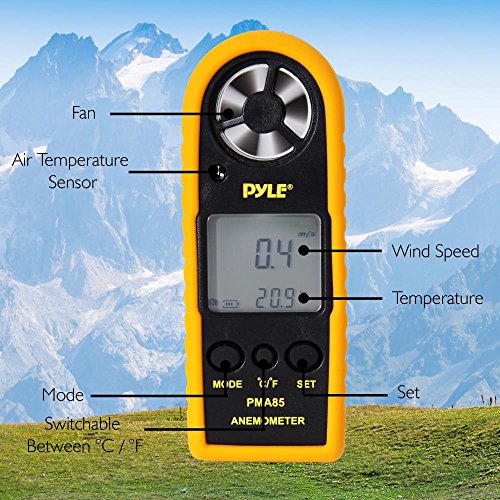 Pyle Portable Digital Anemometer Handheld, & Thermometer, Handheld Meter, Wind Speed, Wind Chill, Air Temperature, Air Velocity Gauge, Wind Weather Meter with Backlight, Battery Included (PMA85)