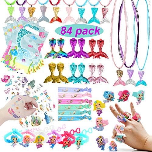 Mermaid Theme Party Favors for Girls, Mermaid Rings, Bracelets, Necklace, Hair Clip, Hair Ties, Sticker, Gift Bags, Mermaids Accessories Kit for Kids Birthday Party Supplies, Carnival Prize, Goodie Bag Fillers