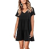 Amoretu Women Summer Tunic Dress V Neck Short Sleeve Casual Loose Flowy Swing Shift Dresses