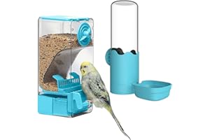 SEPTILLAR No Mess Bird Feeder Water Dispenser Set, Automatic Cage Feeder with Perch for Seed Parakeet Canary Cockatiel Finch Budgies Cage Accessories (Blue)