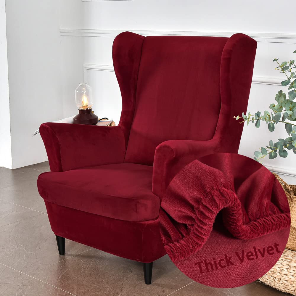 Highdi Wingback Chair Covers 2 Piece Stretch Wing Chair Slipcover, Fashion Solid color Velvet Strandmon Sofa Cover Furniture Protector for Armchair Chairs Living Room Bedroom Hotel (Red)