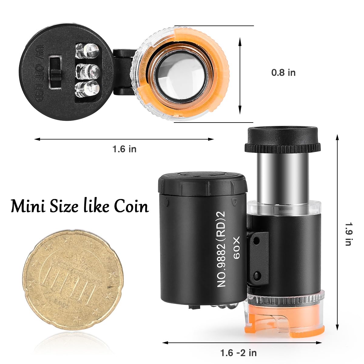 2 Pieces 60X Mini Pocket Microscope, Jewelers Eye Loupe with 3 Light, Portable Magnifying Glass for Handcrafts Jewelry Diamond Gem Coins Currency