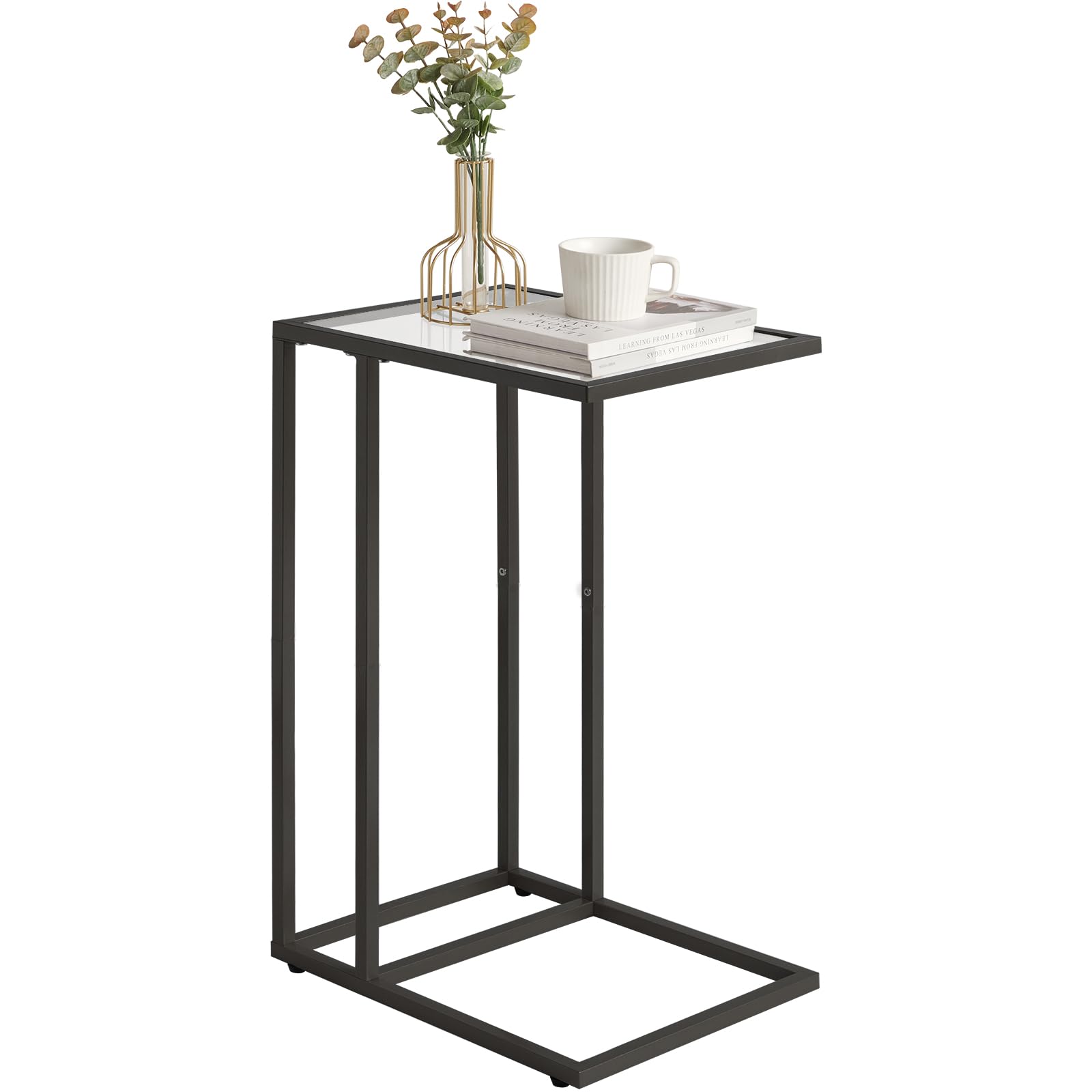 YMYNY C Shaped End Table, Tempered Glass Snack Side Table for Small Space with Metal Frame, Narrow Couch Table, for Living Room, Bedroom, Modern Style, 40×30×63CM Black HGD001B