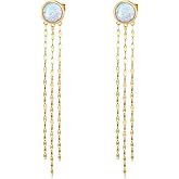 14k Gold Simulated Opal Circle Dangling Tassel Earrings for Women, 14kt Gold Earring for Her