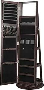 SONGMICS 360° Swivel Jewelry Cabinet, for Women, Lockable Jewelry Organizer with Full-Length Mirror, Rear Storage Shelves, Built-in Small Mirror, Jewelry Armoire, Brown UJJC006R01