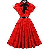 Wellwits Women's Ruffle Sleeves Bow Tie Polka Dots Vintage Dress