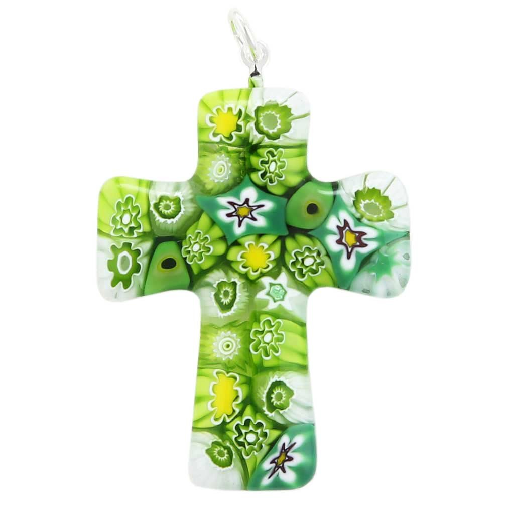 Glass Of Venice Green Millefiori cross pendant in Murano glass