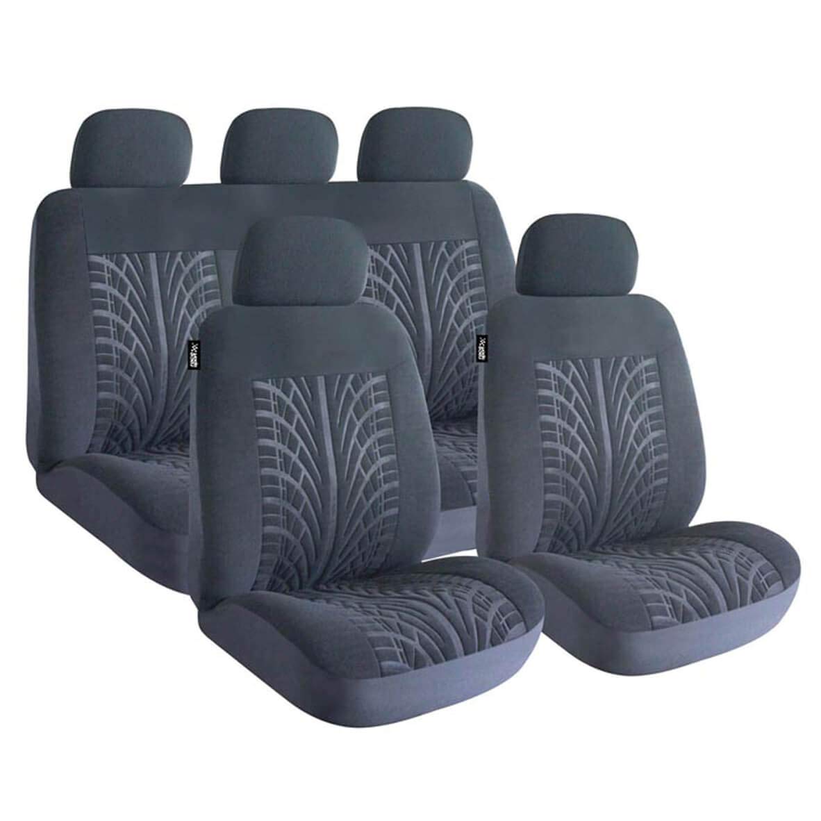 ROADMASTER TYRE TREAD DESIGN BLACK CAR SEAT COVERS - REAR COVERS WITH ZIPS TO ALLOW FOLDING REAR SEATS