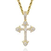 Lulu Mel Cross Necklace Iced Out 14K Gold Plated Cubic Zirconia Ankh Cross Pendant With Rope Chain, Trendy Hip Hop Gothic Diamond Jesus Cross Necklace For Men Women