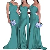 One Shoulder Bridesmaid Dresses Mermaid Satin Long Ruched Bodycon Formal Evening Dress for Women