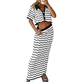 Saodimallsu Women Striped Beach Cover Up Set Button Short Sleeve Collared Crop Top Maxi Skirt Crochet 2 Piece Outfits
