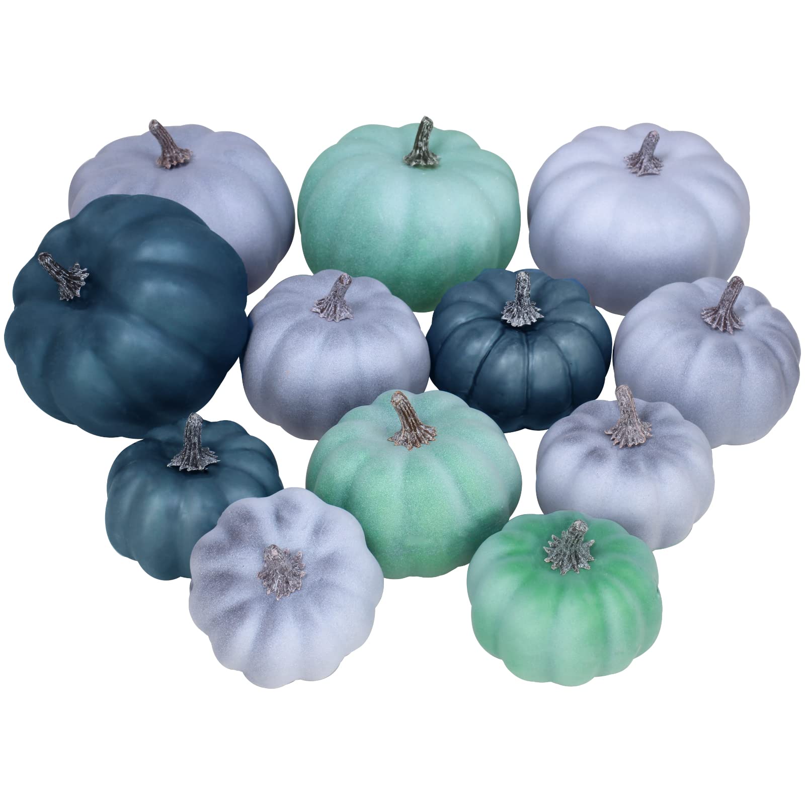 Photo 1 of 12 Pcs Assorted Small Rustic Harvest Artificial Pumpkins Decorative Pumpkins Foam Pumpkins in Green Blue Gray for Fall Autumn Halloween Thanksgiving Table Centerpiece Mantel Shelf Kitchen Decor