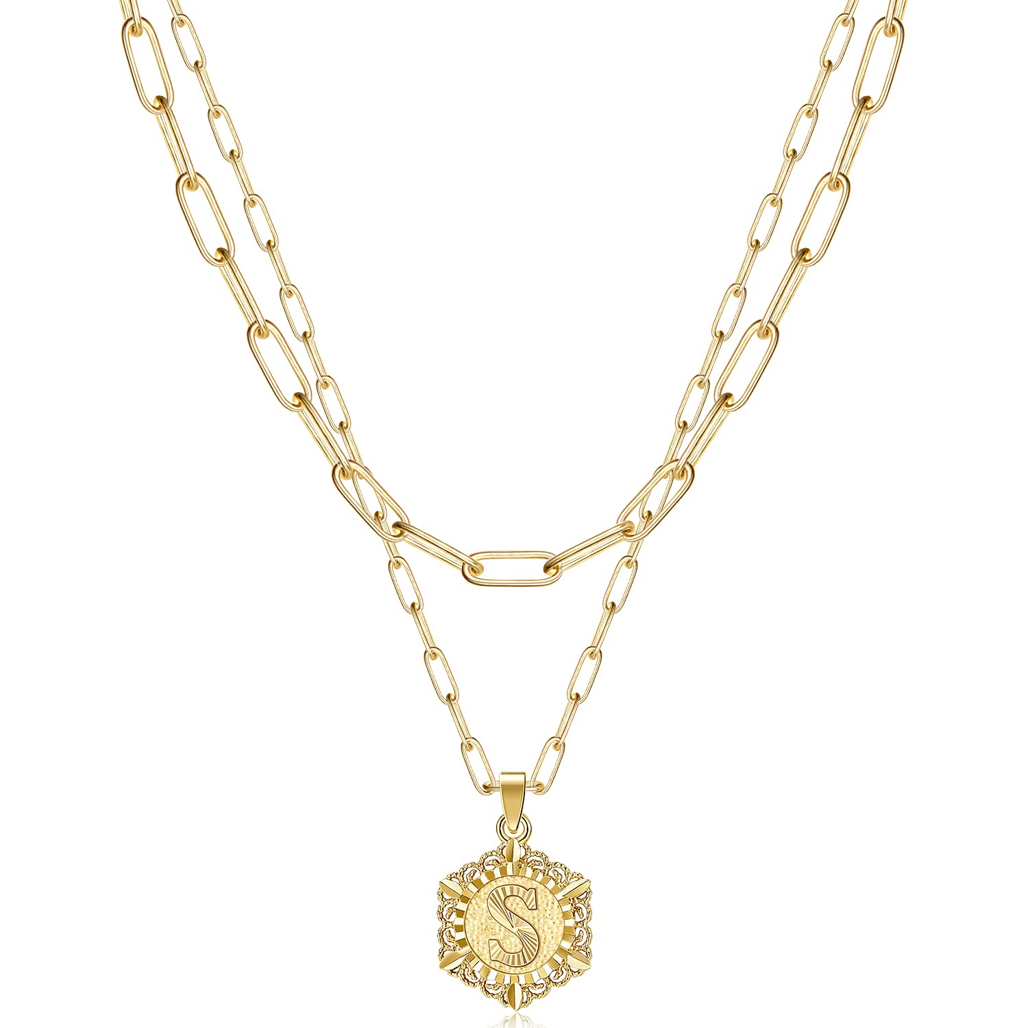 KissYan Initial Necklaces for Women, 14K Gold Plated Hexagon Letter Pendant Silver Chain Dainty Layered White Gold Paperclip Link Adjustable Capital A-Z Choker Necklace Trendy Jewelry Gifts