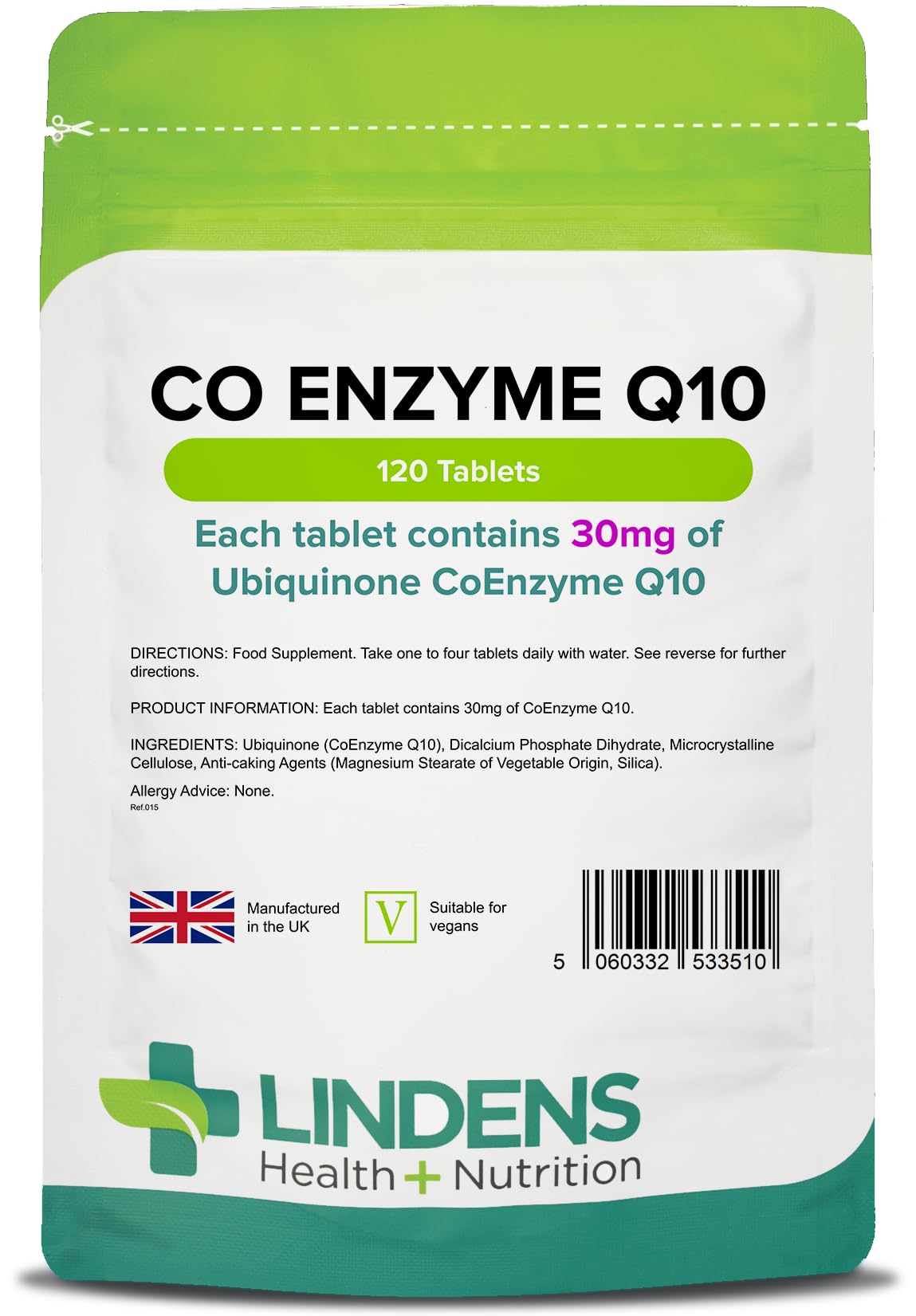 Lindens - Coenzyme Q10 30mg - 120 Tablets - UK Made - Popular for Statin Users | Protection from Oxidative Stress | CoQ10 Ubiquinone | Ubiquinol | Letterbox Friendly, Vegan