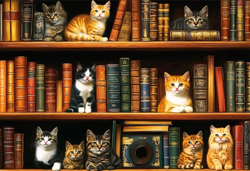Photo 1 of 1000 Piece Puzzle for Adults, Cats Library Jigsaw Puzzle, Funny Kitten Bookshelf Puzzles, Animal Pet Lover Challenging Puzzles for Friends Family Activity Game Nights Gifts (Finish Size: 15''x 10'')